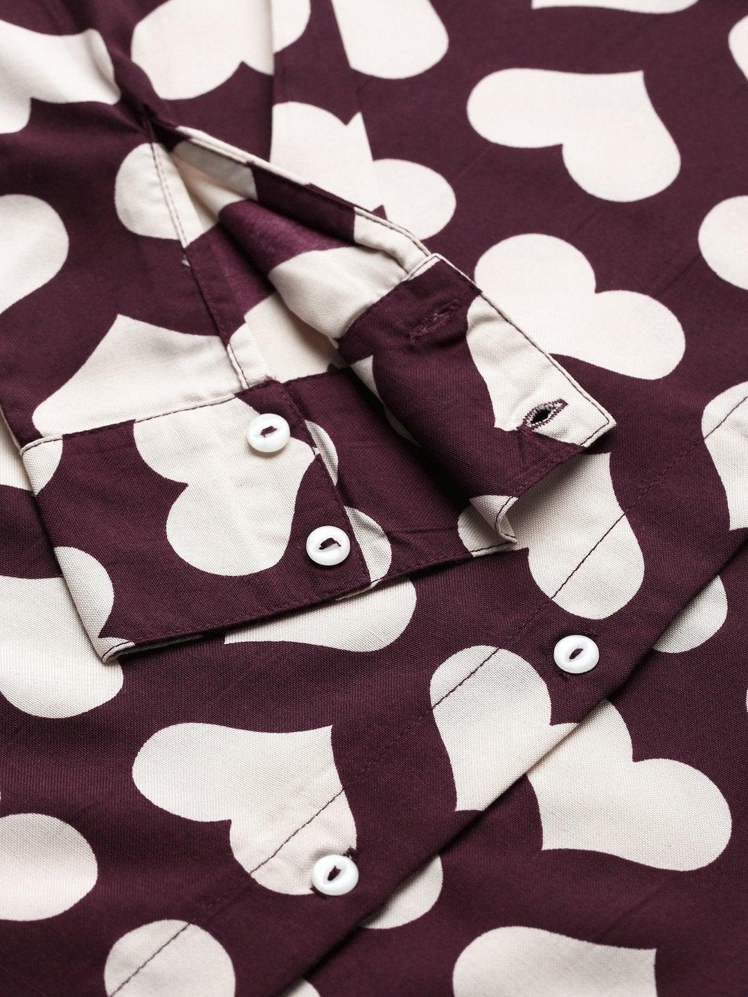 Women's Maroon Heart Print Shirt - SASSAFRAS - Indiakreations