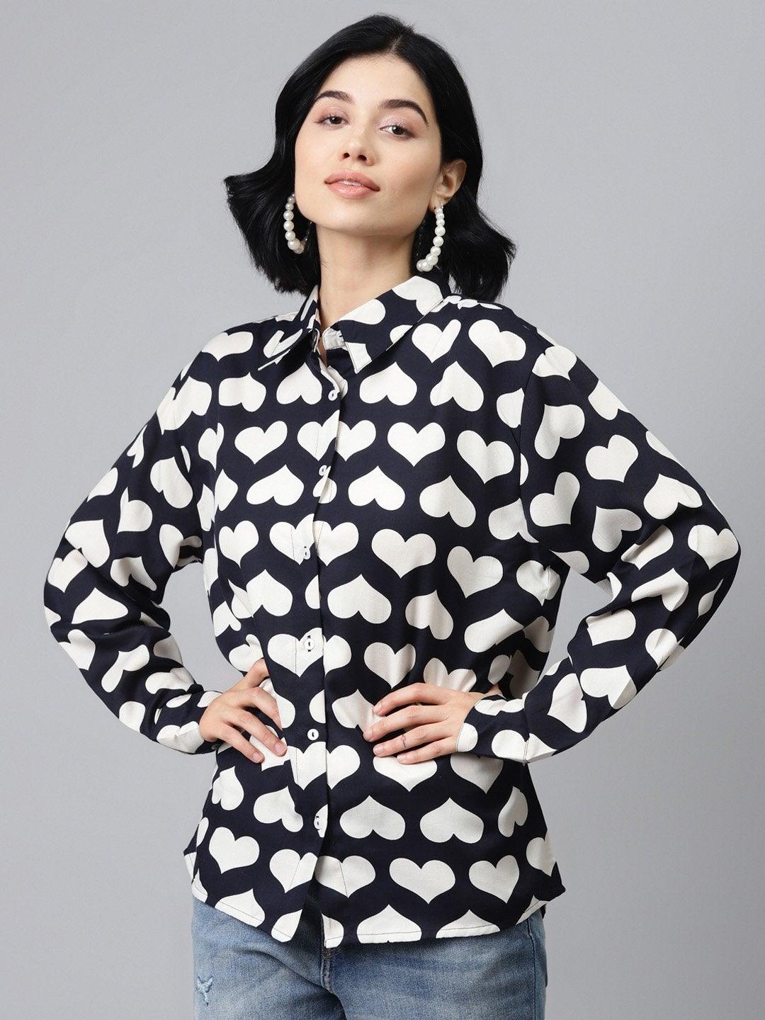 Women's Navy Heart Print Shirt - SASSAFRAS - Indiakreations