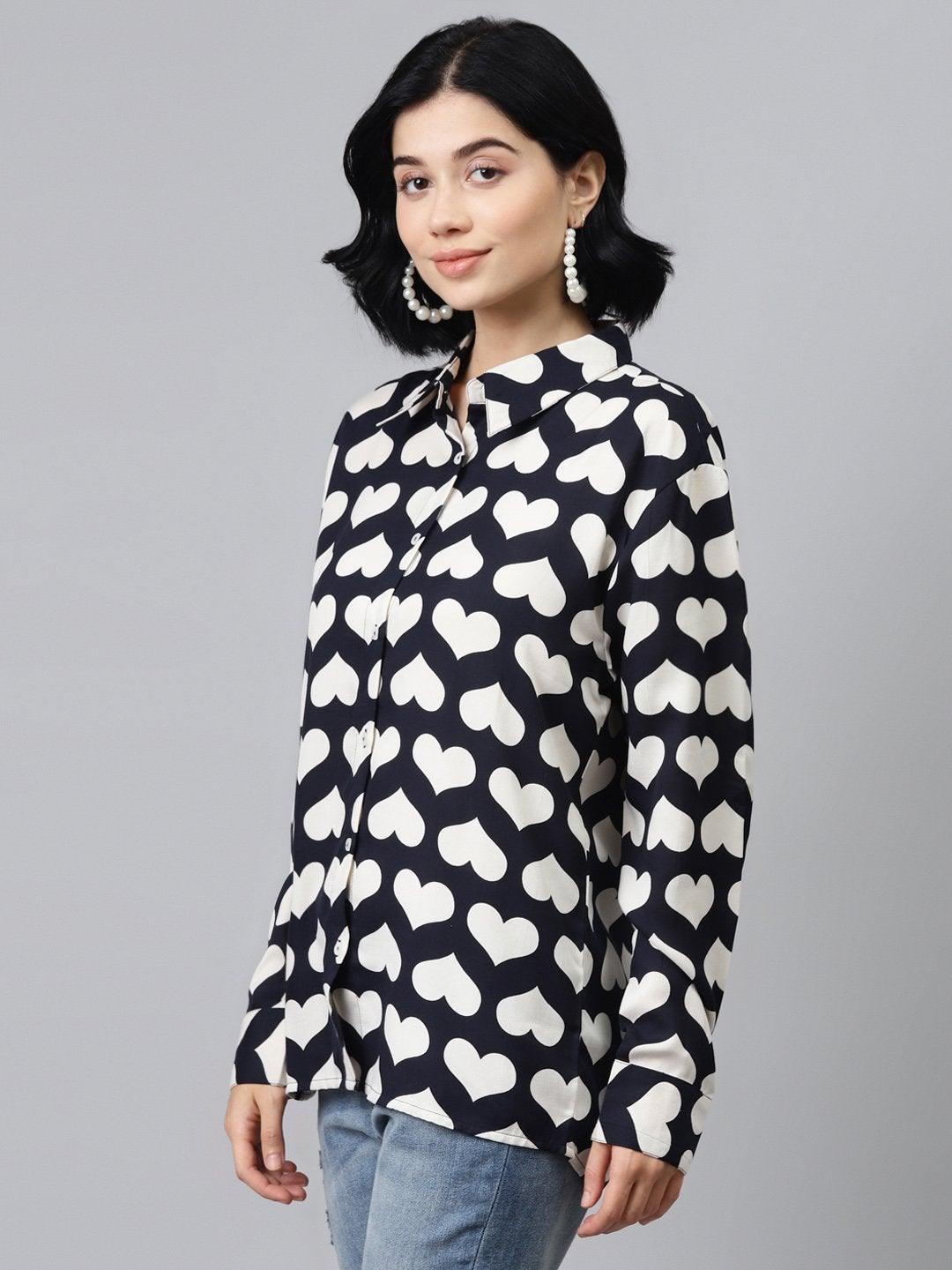 Women's Navy Heart Print Shirt - SASSAFRAS - Indiakreations