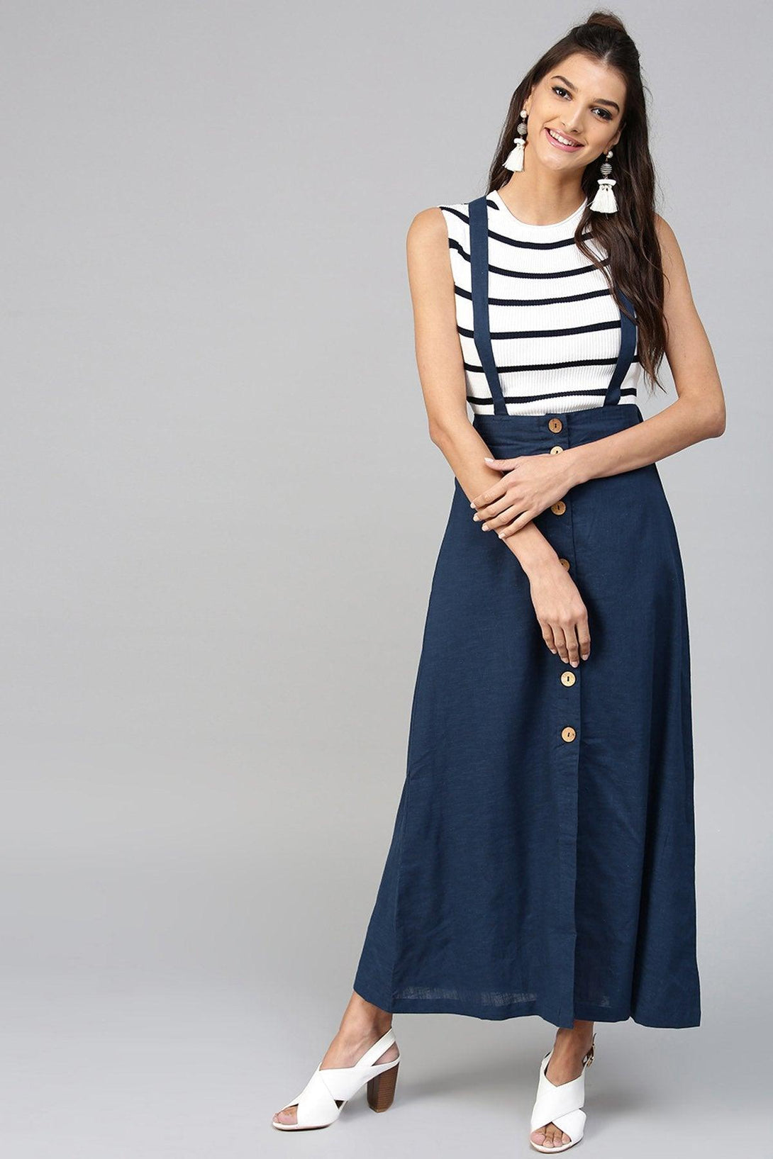 Women's Navy Dungaree Maxi Skirt - SASSAFRAS - Indiakreations