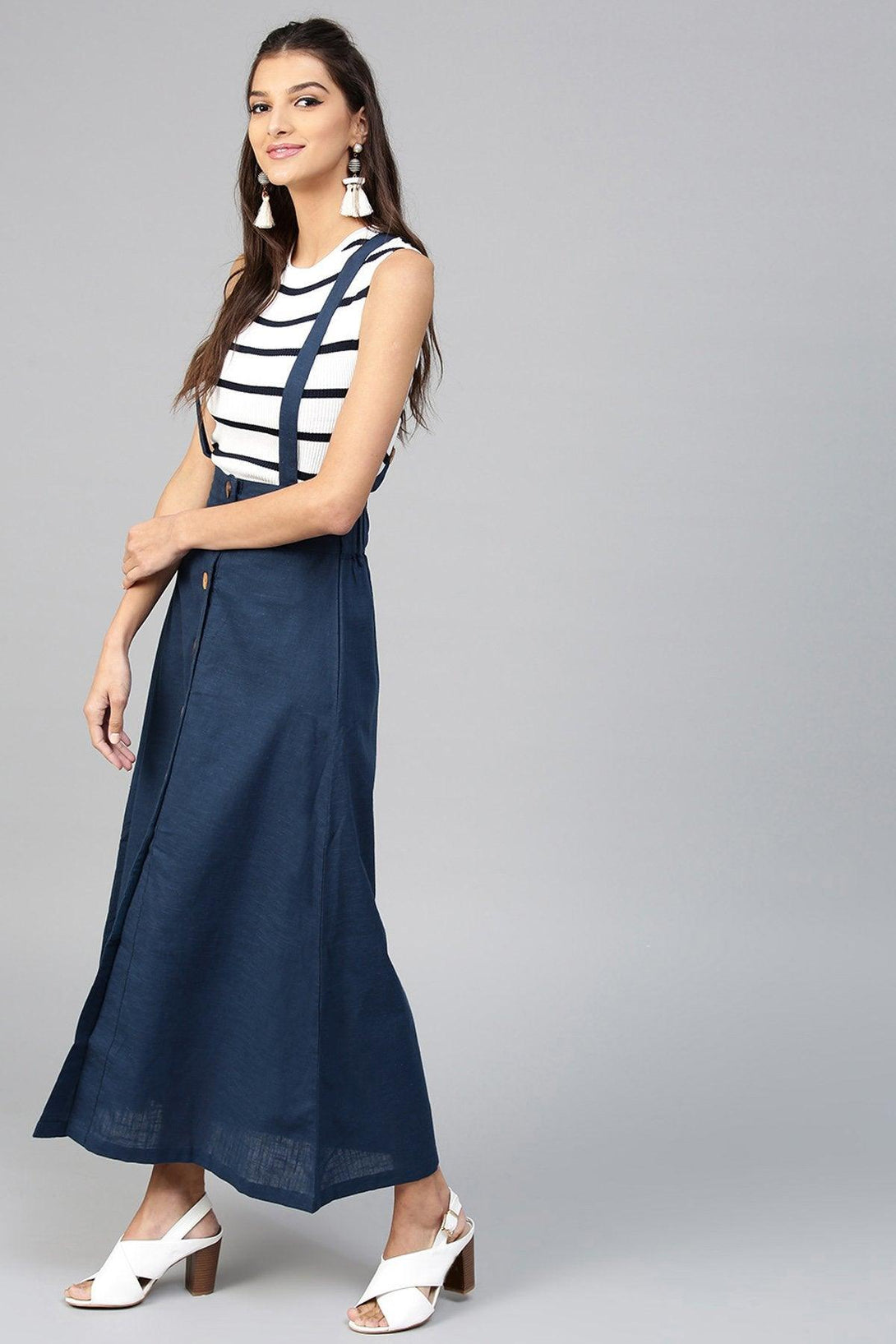 Women's Navy Dungaree Maxi Skirt - SASSAFRAS - Indiakreations