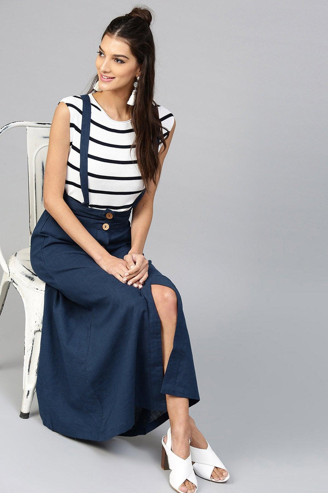 Women's Navy Dungaree Maxi Skirt - SASSAFRAS - Indiakreations