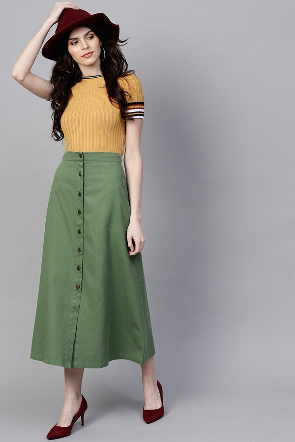 Women's Olive Denim Longline Buttoned Skirt - SASSAFRAS - Indiakreations