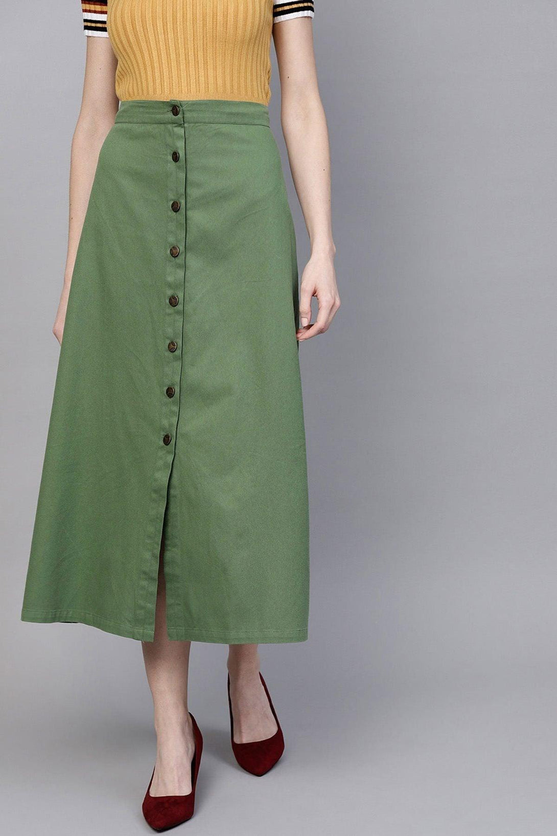 Women's Olive Denim Longline Buttoned Skirt - SASSAFRAS - Indiakreations