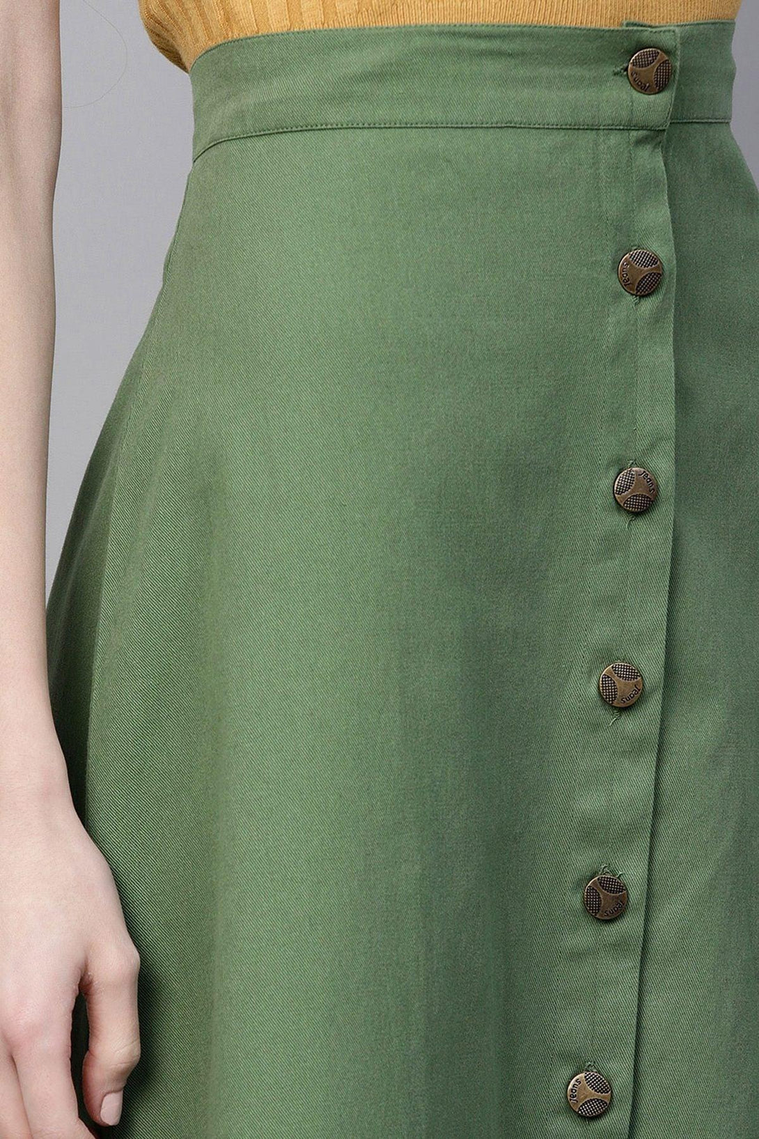 Women's Olive Denim Longline Buttoned Skirt - SASSAFRAS - Indiakreations