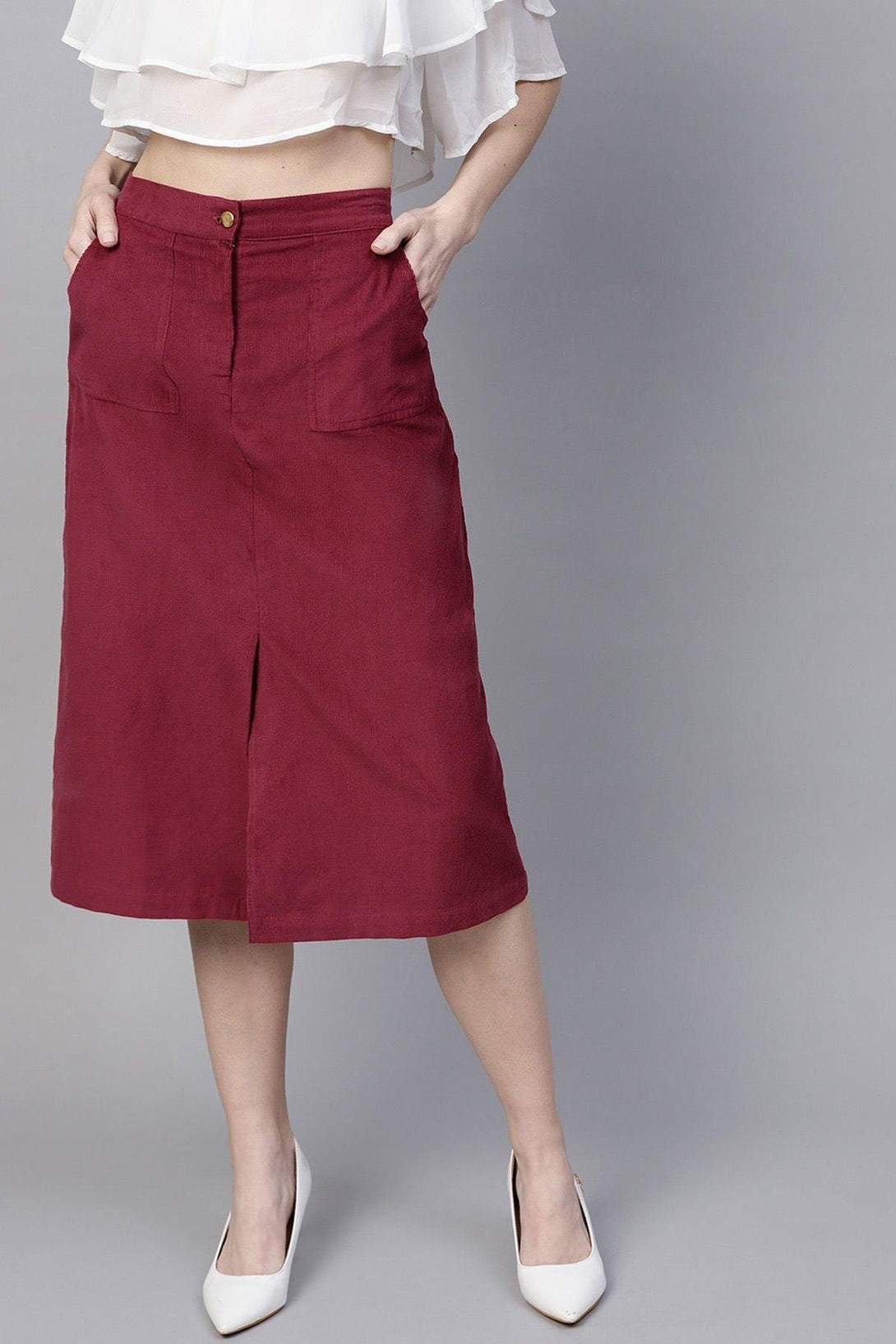 Women's Maroon Front Slit Corduroy Midi Skirt - SASSAFRAS - Indiakreations