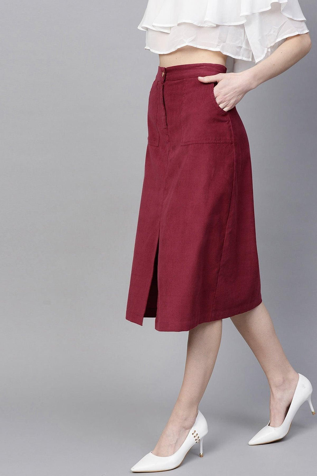 Women's Maroon Front Slit Corduroy Midi Skirt - SASSAFRAS - Indiakreations