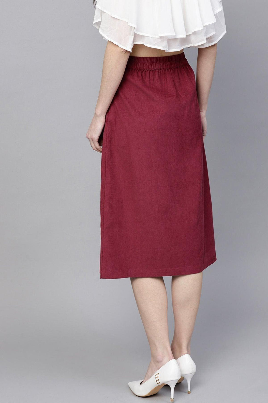 Women's Maroon Front Slit Corduroy Midi Skirt - SASSAFRAS - Indiakreations