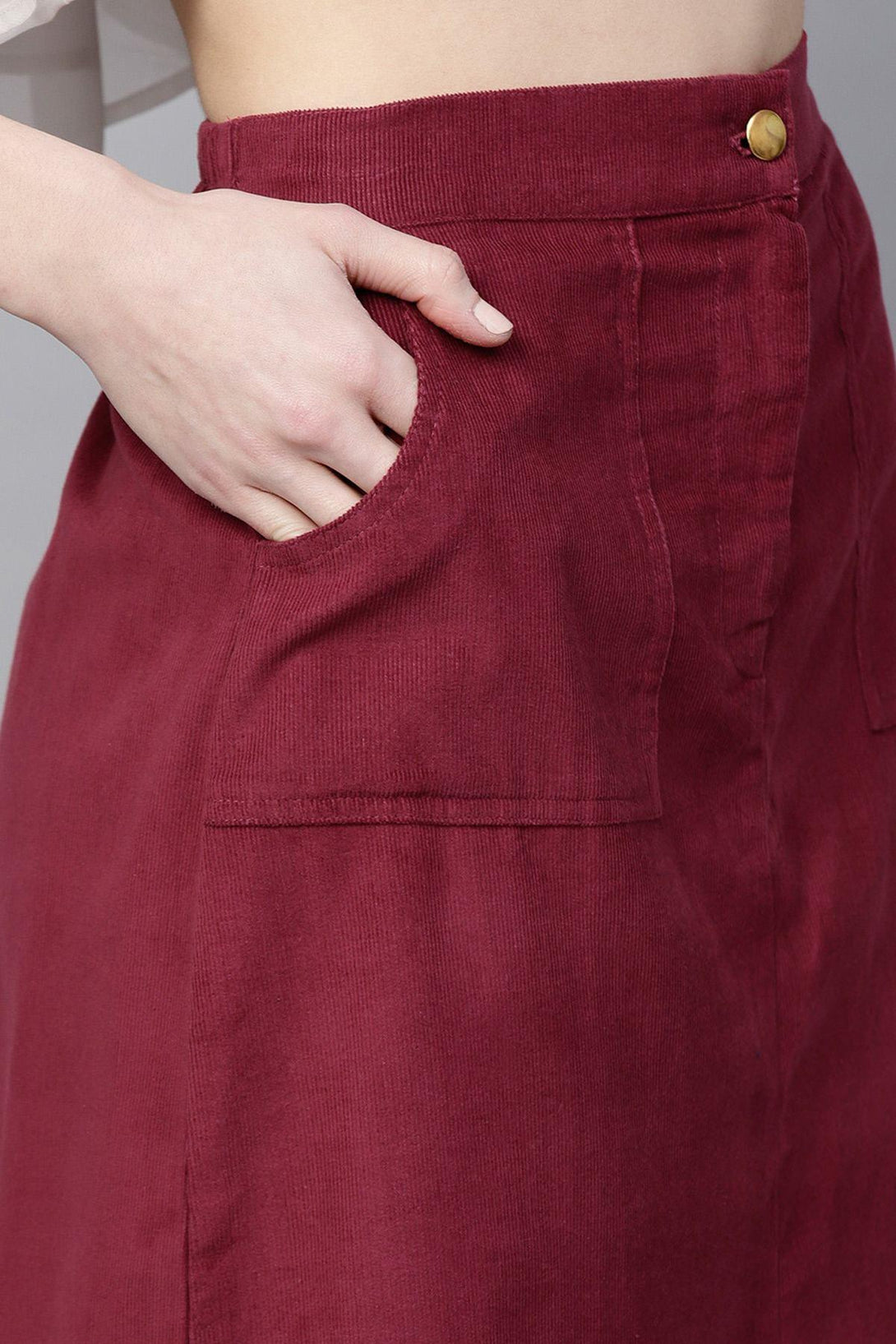 Women's Maroon Front Slit Corduroy Midi Skirt - SASSAFRAS - Indiakreations