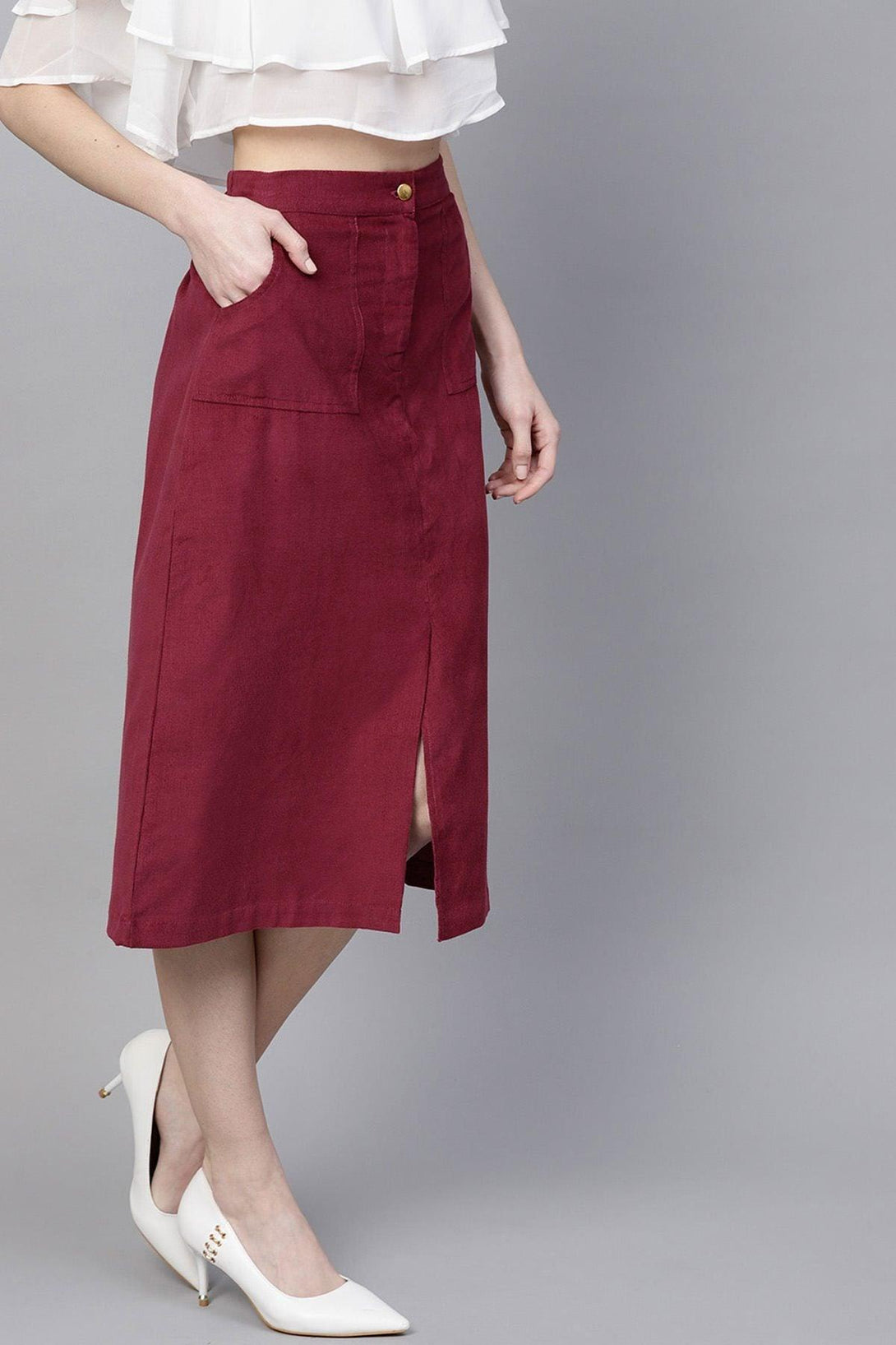 Women's Maroon Front Slit Corduroy Midi Skirt - SASSAFRAS - Indiakreations