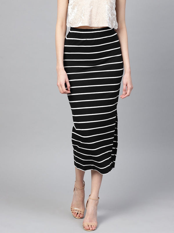 Women's Black White Stripe Maxi Pencil Skirt - SASSAFRAS