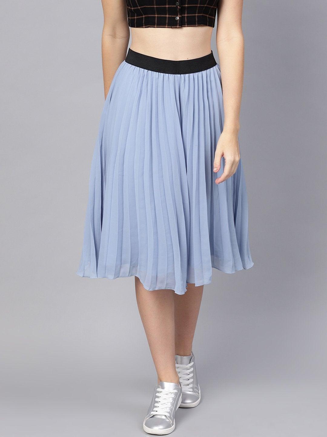 Women's Blue Pleated Flared Midi Skirt - SASSAFRAS - Indiakreations