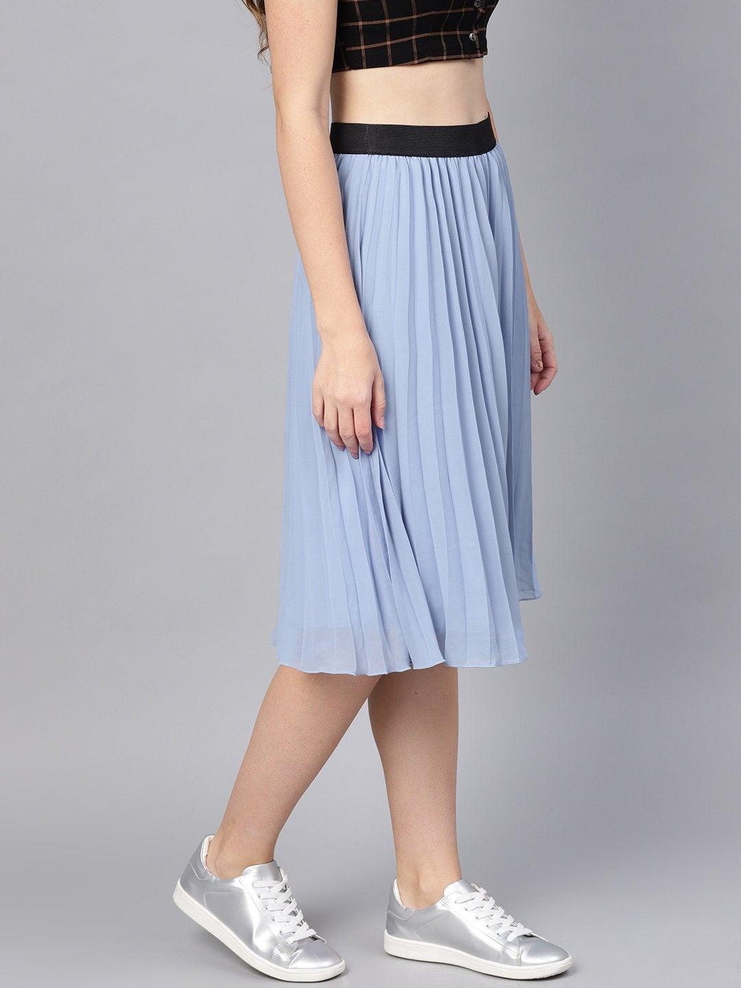 Women's Blue Pleated Flared Midi Skirt - SASSAFRAS - Indiakreations