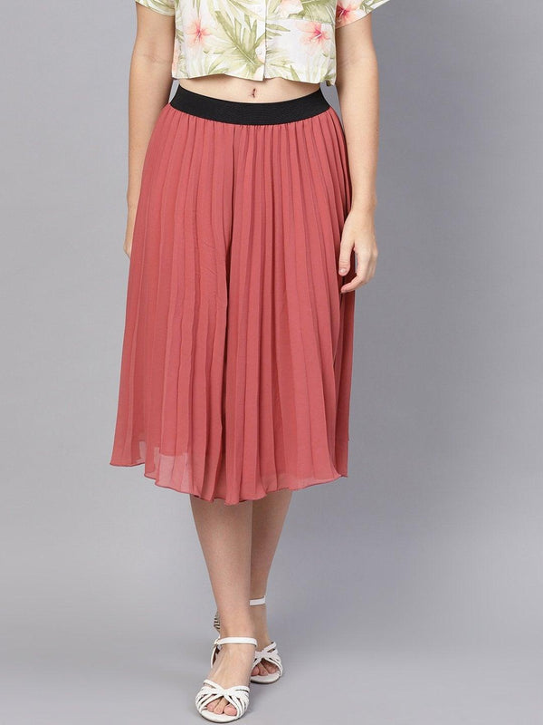 Women's Rose Pink Pleated Flared Midi Skirt - SASSAFRAS - Indiakreations