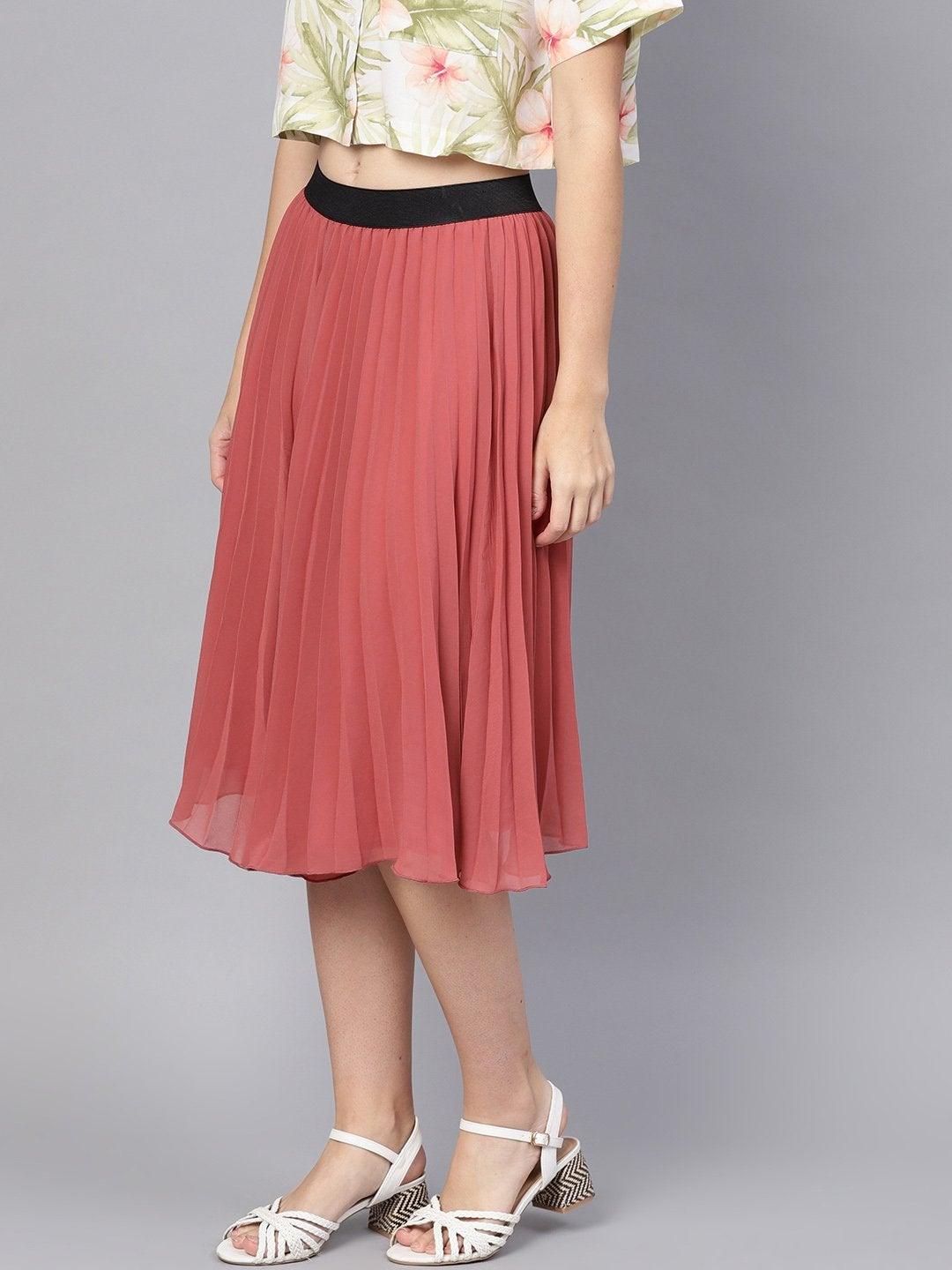 Women's Rose Pink Pleated Flared Midi Skirt - SASSAFRAS - Indiakreations