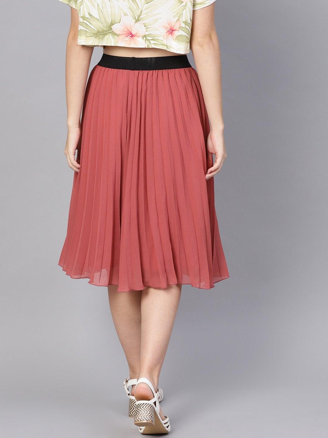 Women's Rose Pink Pleated Flared Midi Skirt - SASSAFRAS - Indiakreations