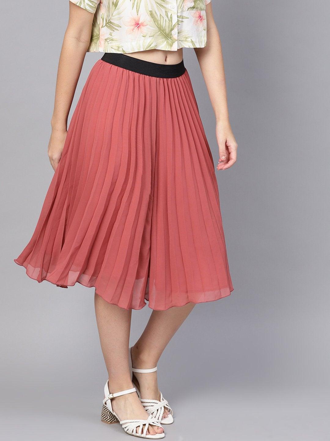 Women's Rose Pink Pleated Flared Midi Skirt - SASSAFRAS - Indiakreations