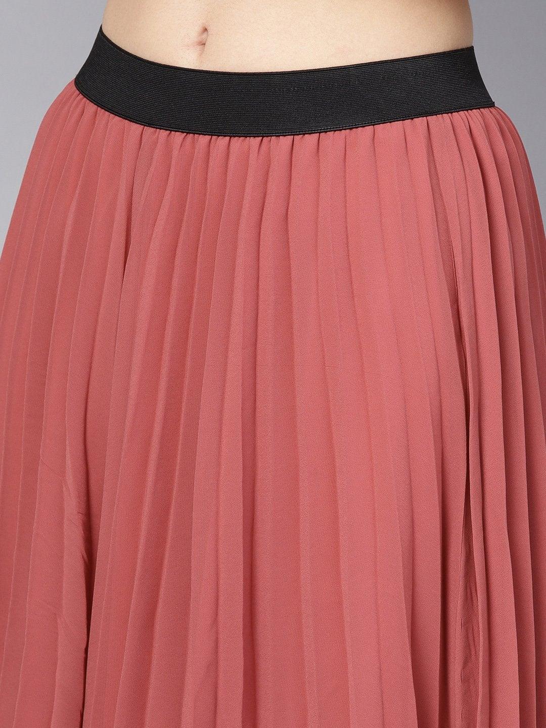 Women's Rose Pink Pleated Flared Midi Skirt - SASSAFRAS - Indiakreations