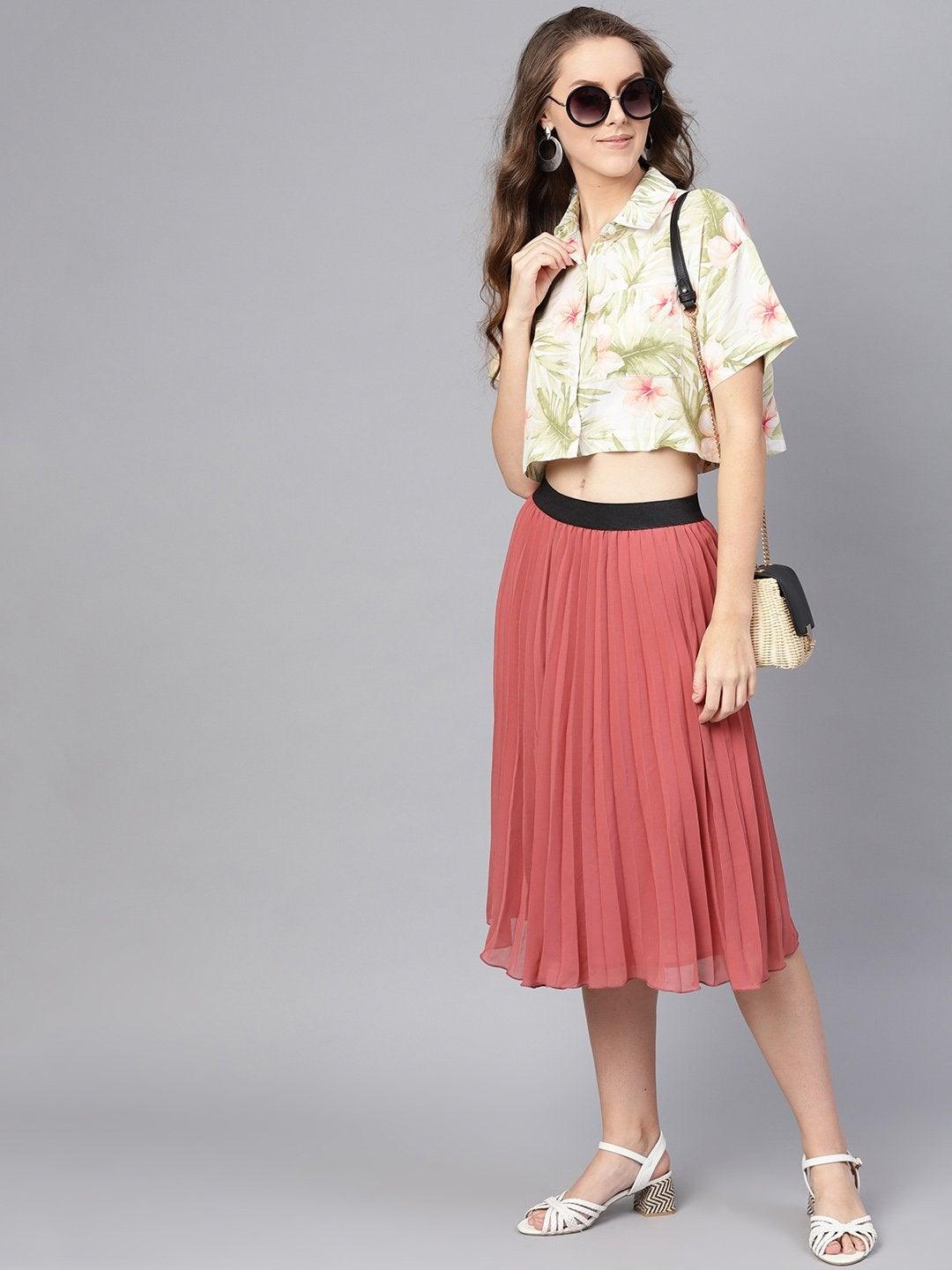 Women's Rose Pink Pleated Flared Midi Skirt - SASSAFRAS - Indiakreations