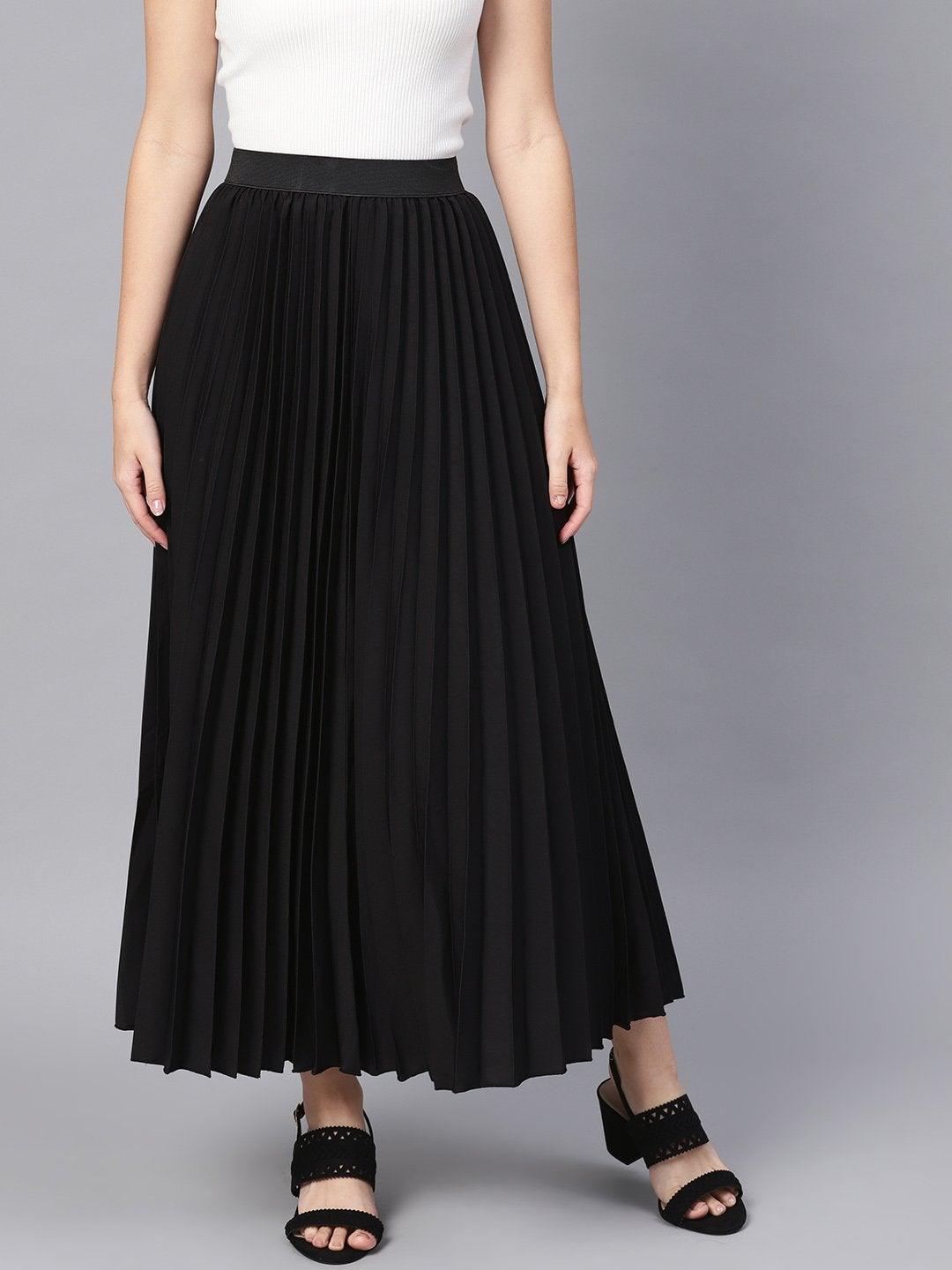 Women's Black Pleated Maxi Skirt - SASSAFRAS - Indiakreations