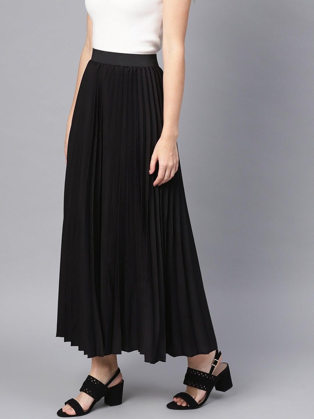 Women's Black Pleated Maxi Skirt - SASSAFRAS - Indiakreations