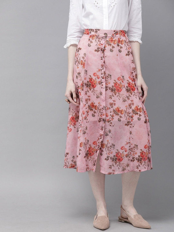 Women's Pink Floral A-Line Skirt - SASSAFRAS - Indiakreations