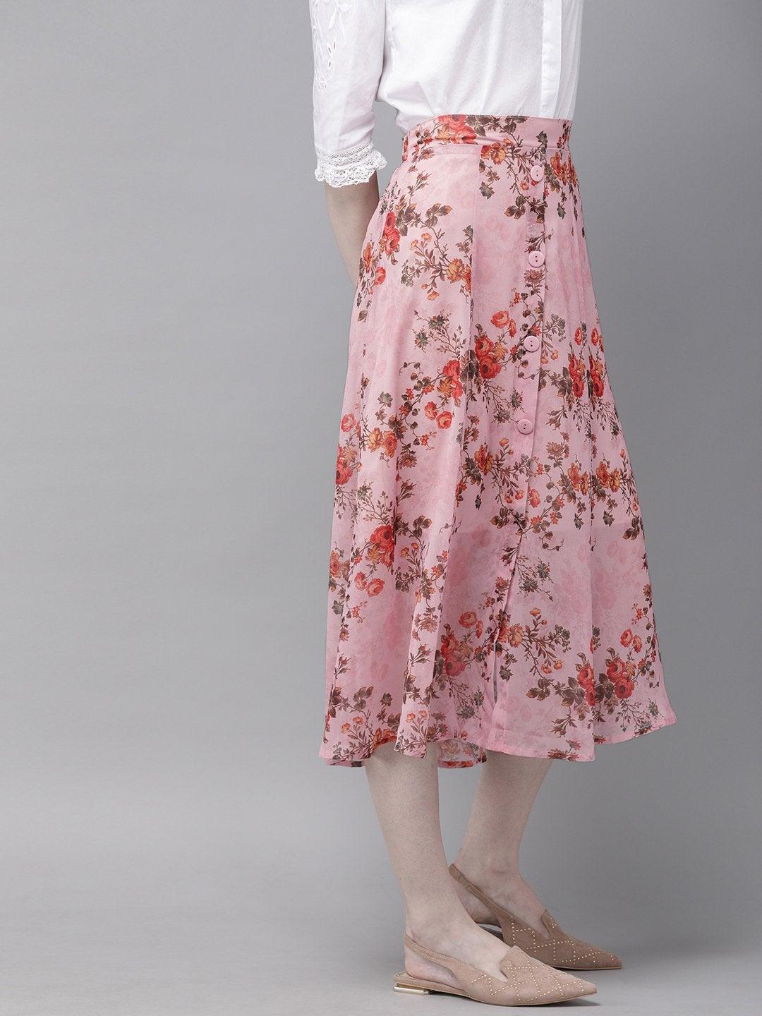 Women's Pink Floral A-Line Skirt - SASSAFRAS - Indiakreations