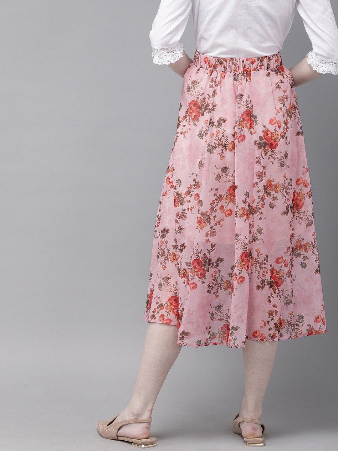 Women's Pink Floral A-Line Skirt - SASSAFRAS - Indiakreations