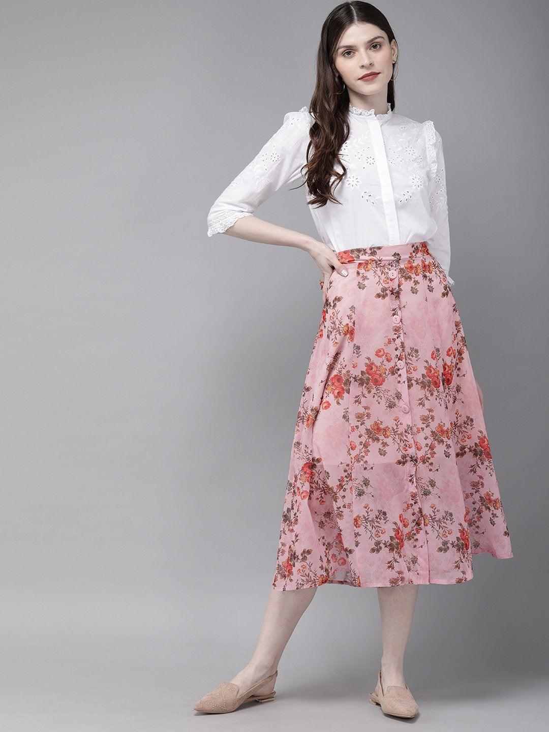 Women's Pink Floral A-Line Skirt - SASSAFRAS - Indiakreations