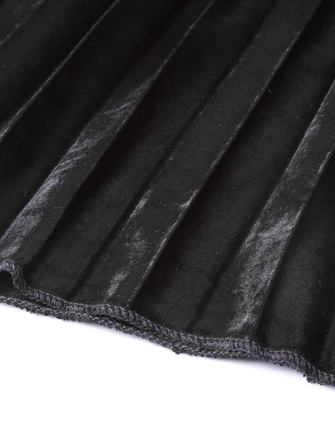 Women's Black Velvet Pleated Skirt - SASSAFRAS - Indiakreations