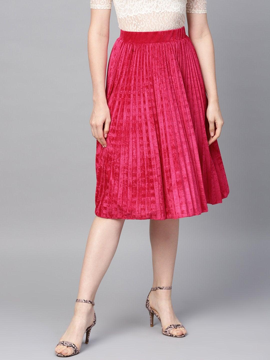 Women's Pink Velvet Pleated Skirt - SASSAFRAS - Indiakreations