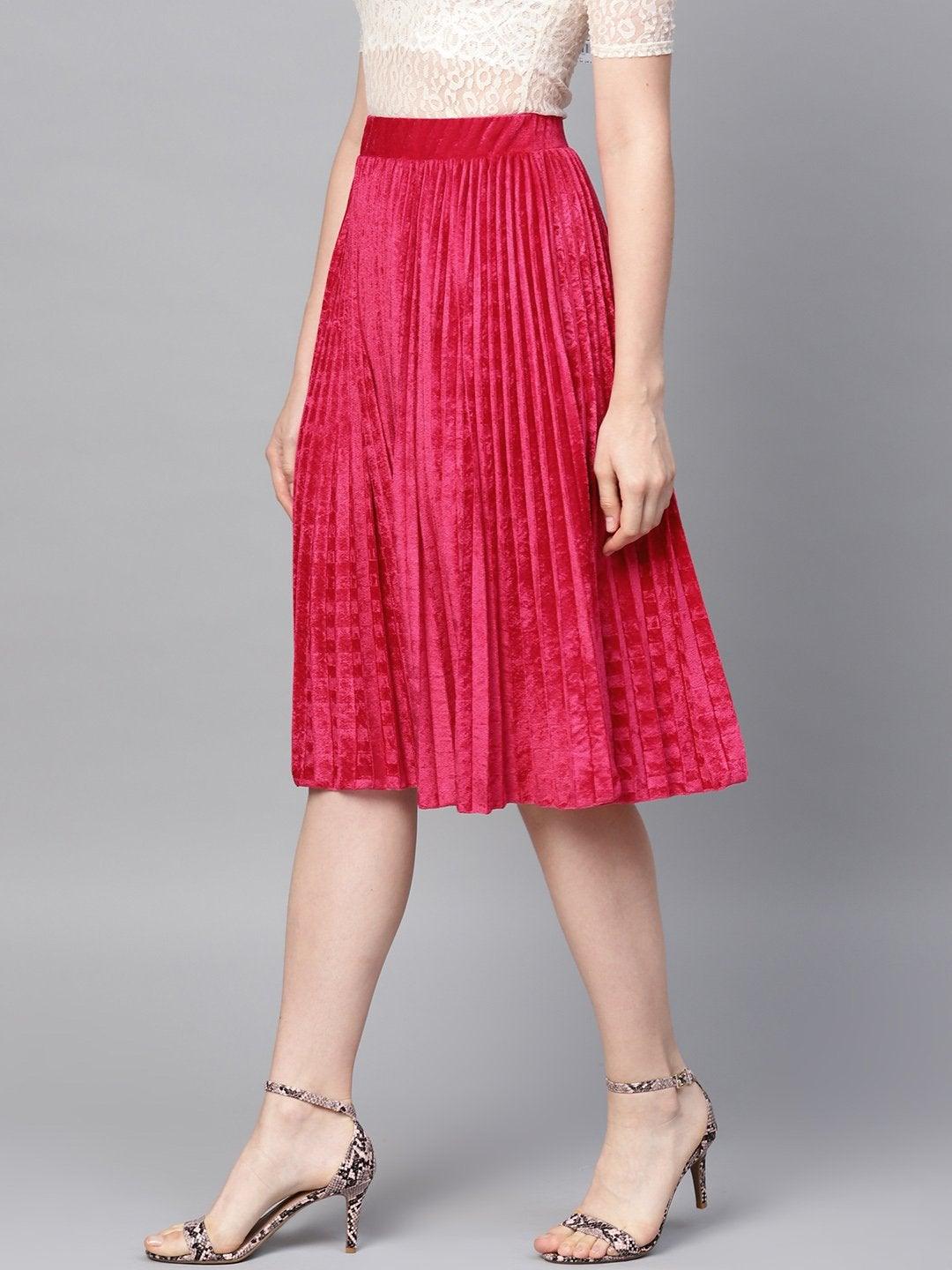 Women's Pink Velvet Pleated Skirt - SASSAFRAS - Indiakreations