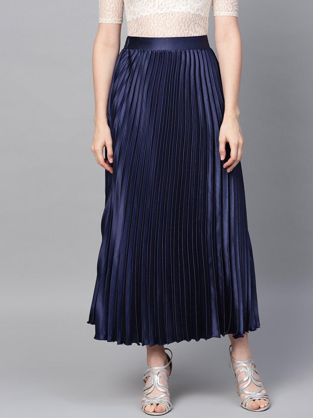 Women's Blue Satin Pleated Maxi Skirt - SASSAFRAS - Indiakreations