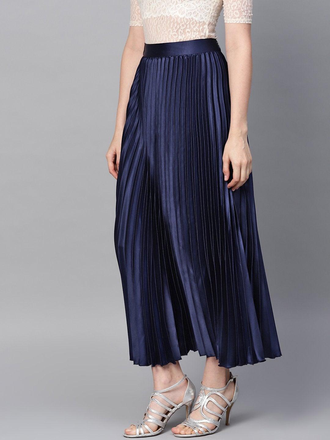 Women's Blue Satin Pleated Maxi Skirt - SASSAFRAS - Indiakreations