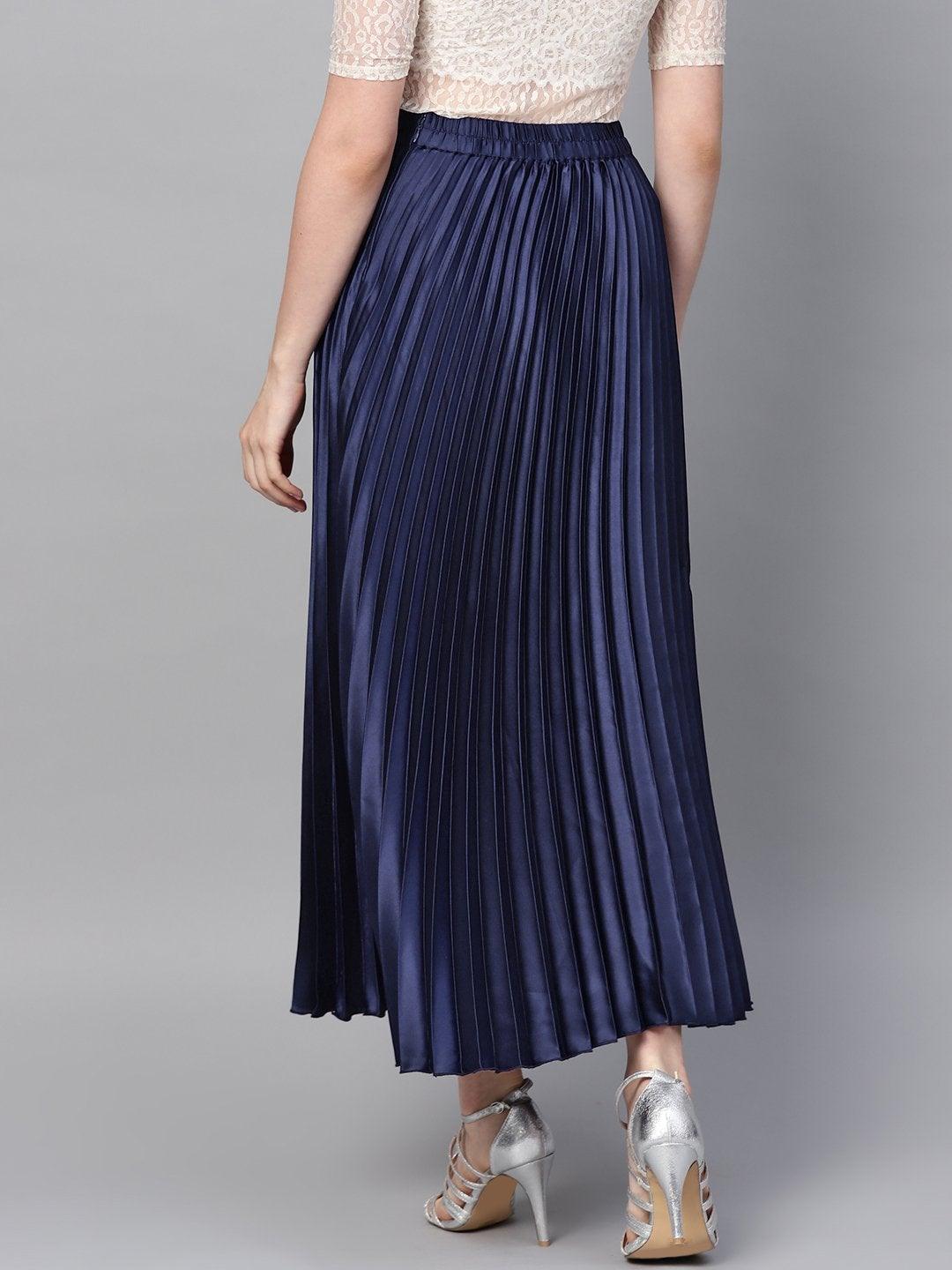 Women's Blue Satin Pleated Maxi Skirt - SASSAFRAS - Indiakreations