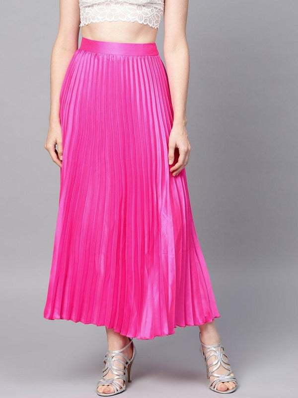 Women's Pink Satin Pleated Maxi Skirt - SASSAFRAS - Indiakreations