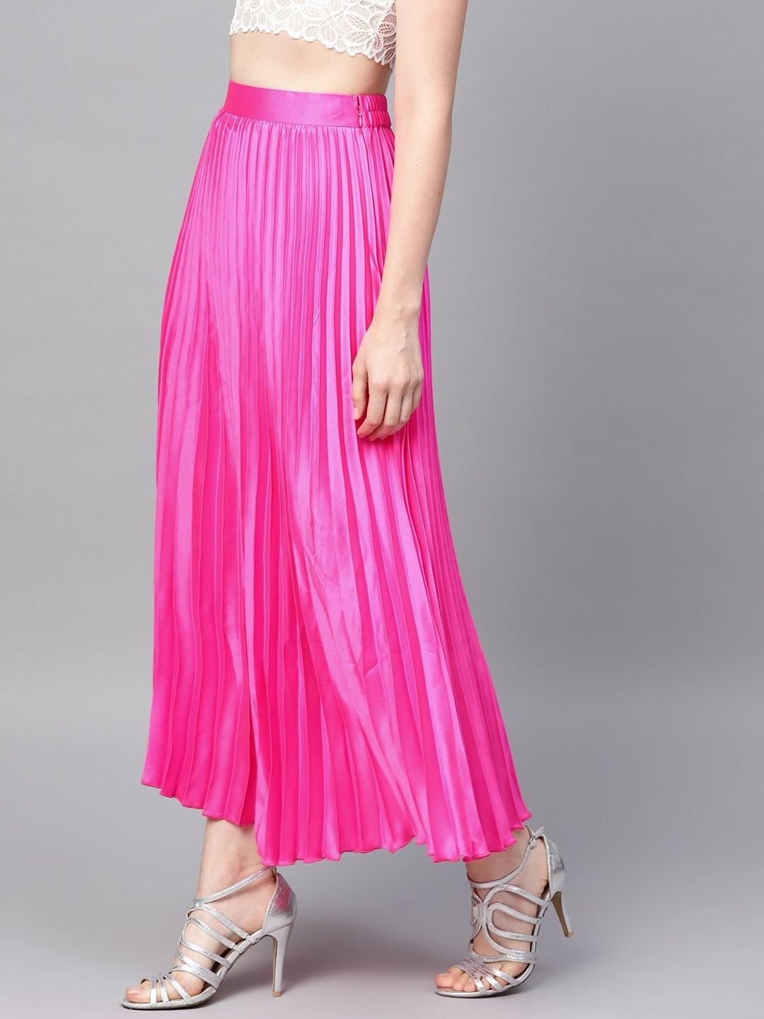 Women's Pink Satin Pleated Maxi Skirt - SASSAFRAS - Indiakreations