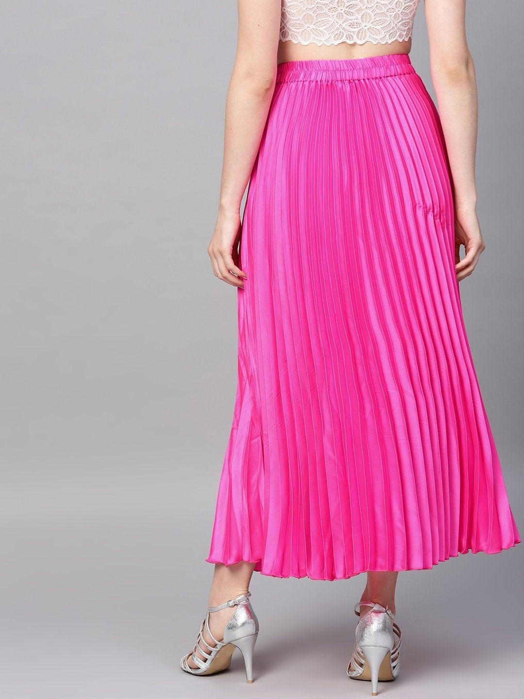 Women's Pink Satin Pleated Maxi Skirt - SASSAFRAS - Indiakreations