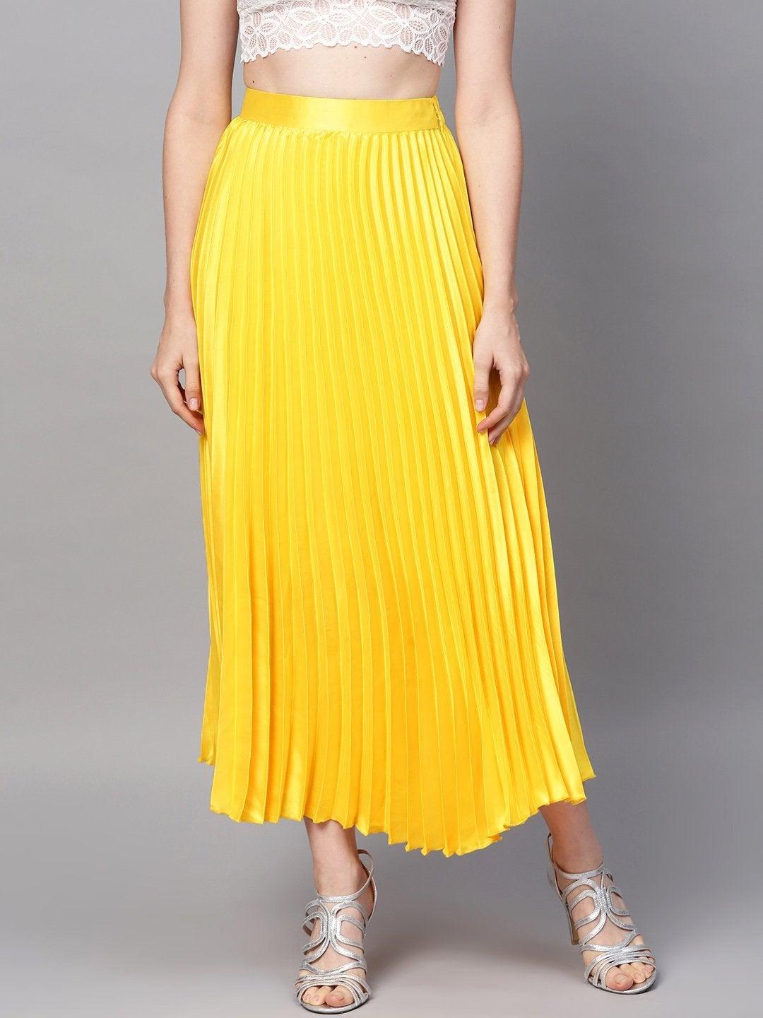 Women's Yellow Satin Pleated Maxi Skirt - SASSAFRAS - Indiakreations