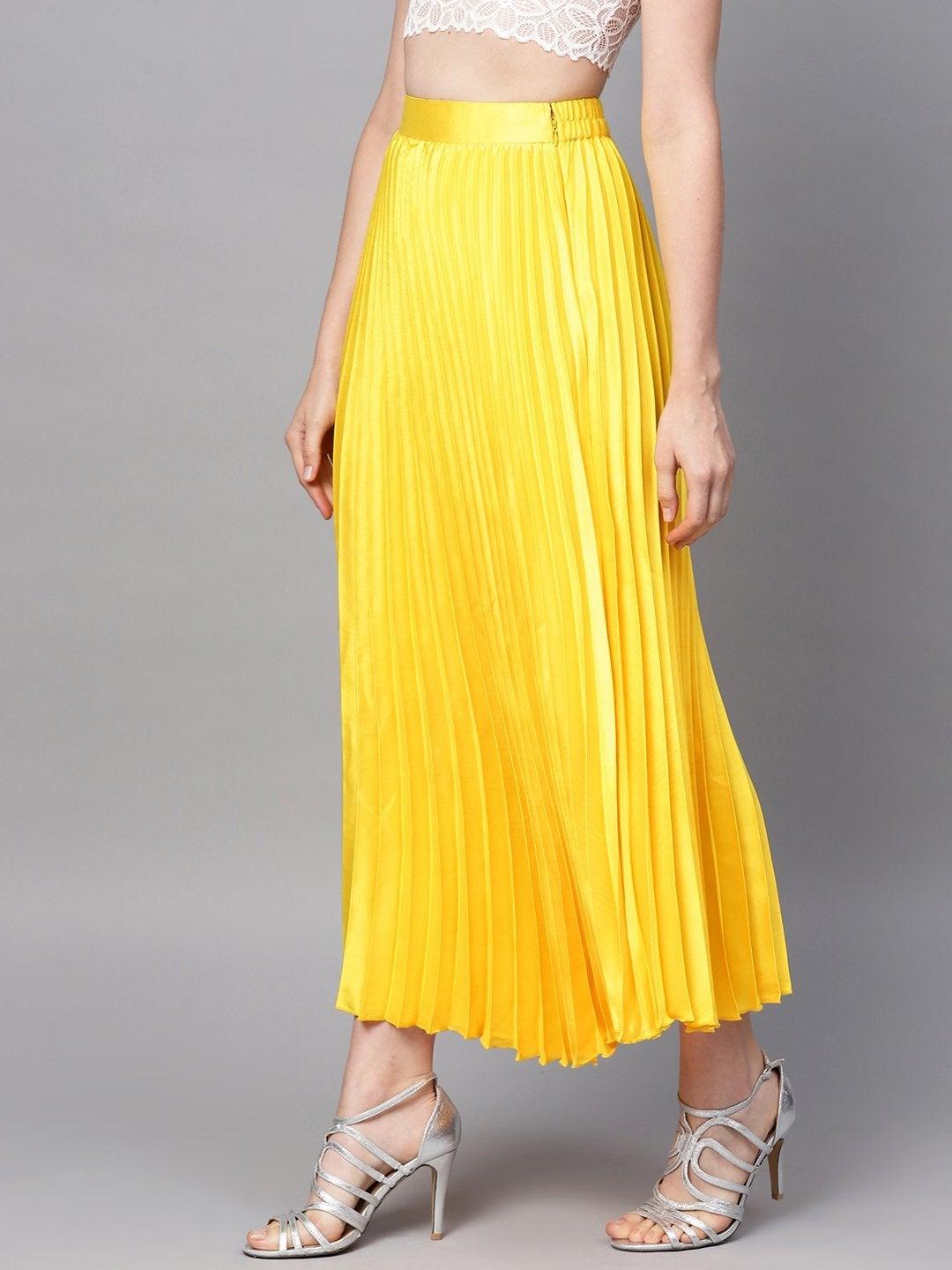 Women's Yellow Satin Pleated Maxi Skirt - SASSAFRAS - Indiakreations