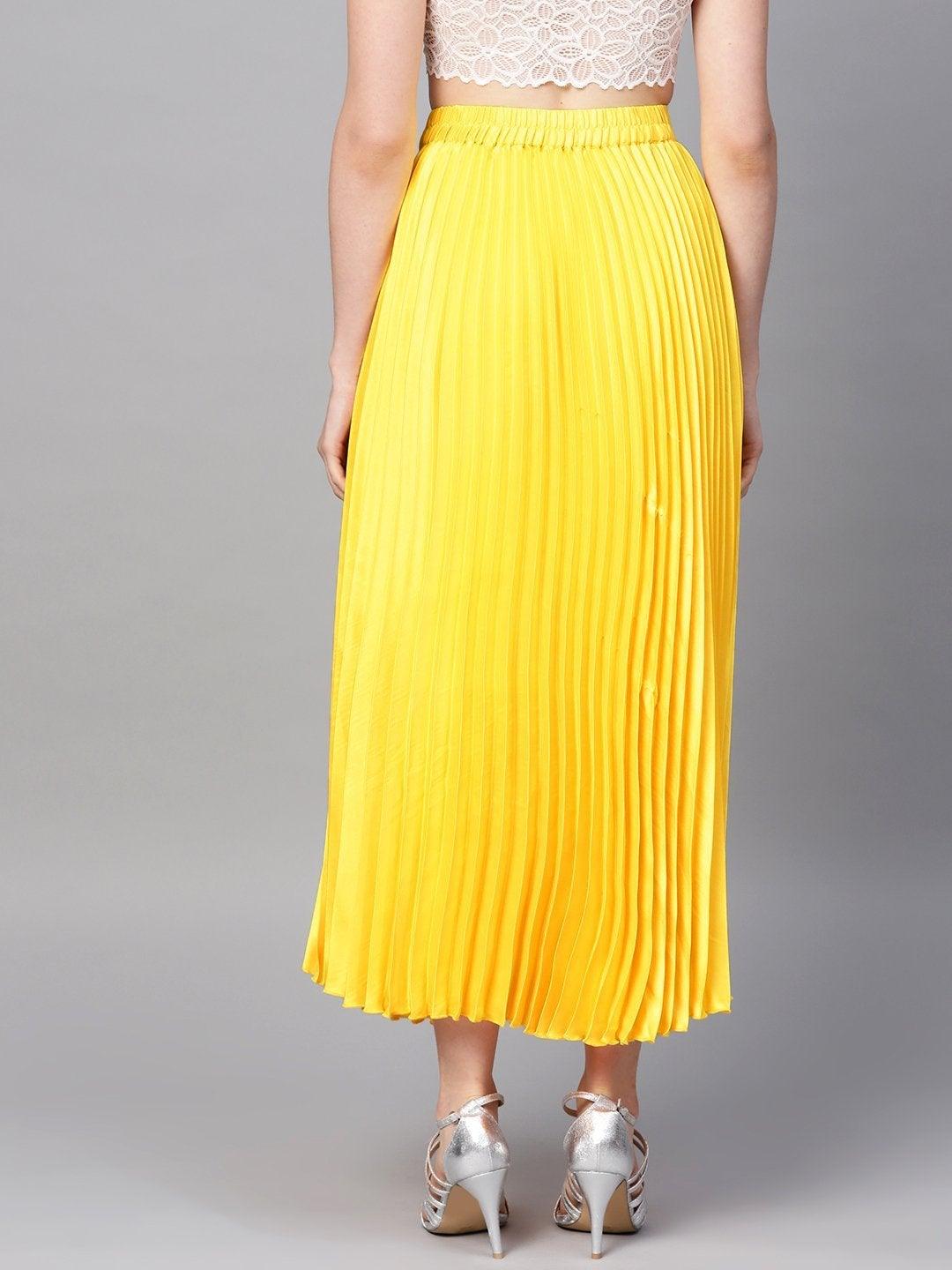 Women's Yellow Satin Pleated Maxi Skirt - SASSAFRAS - Indiakreations