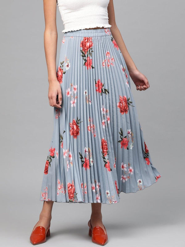 Women's Steel Blue Floral Longline Pleated Maxi Skirt - SASSAFRAS - Indiakreations