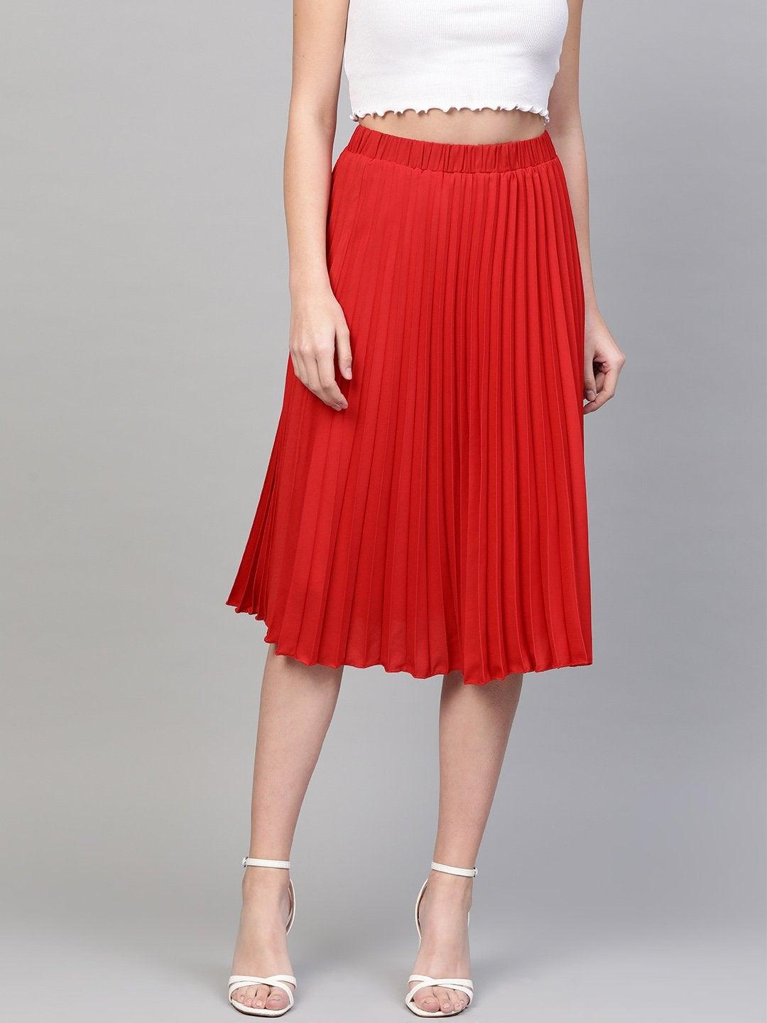 Women's Red Pleated Skirt - SASSAFRAS - Indiakreations