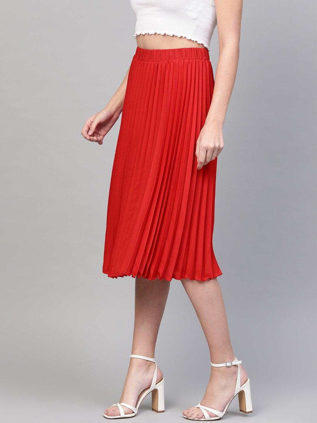 Women's Red Pleated Skirt - SASSAFRAS - Indiakreations