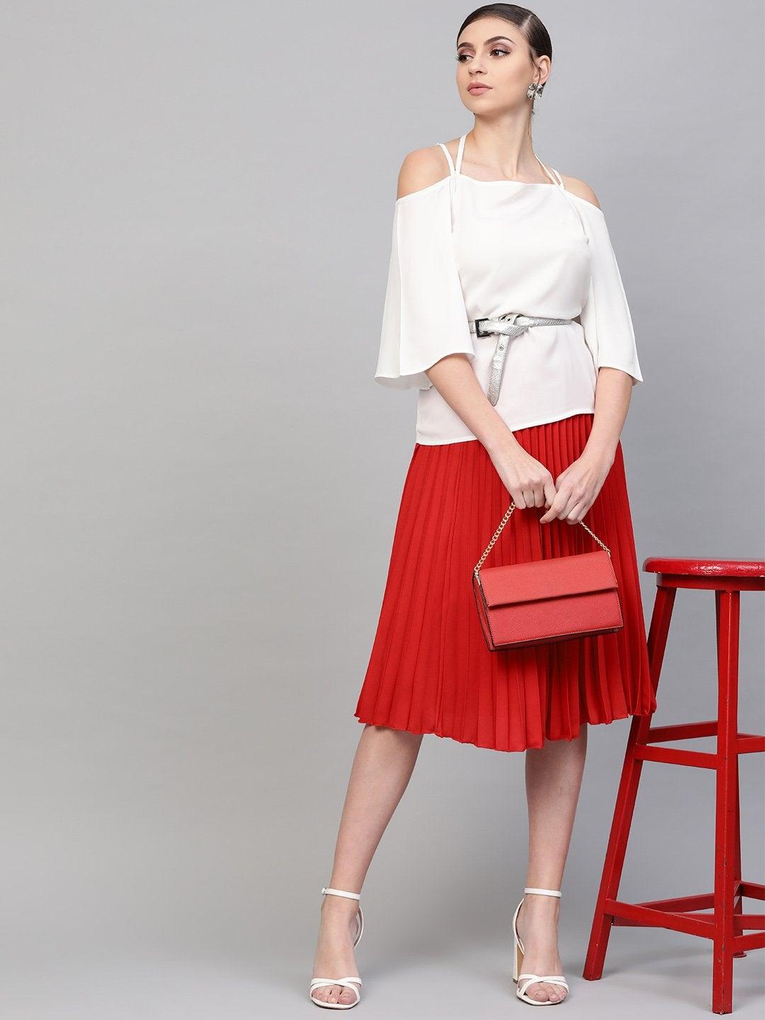 Women's Red Pleated Skirt - SASSAFRAS - Indiakreations