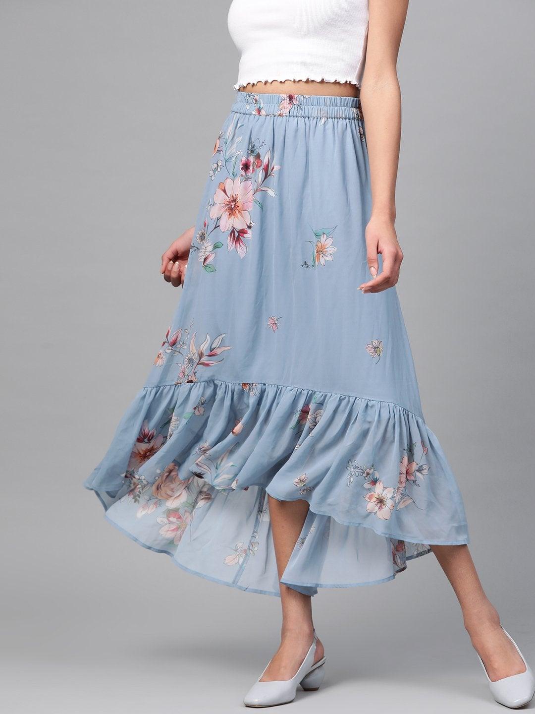 Women's Pale Blue Floral Tiered High Low Skirt - SASSAFRAS - Indiakreations