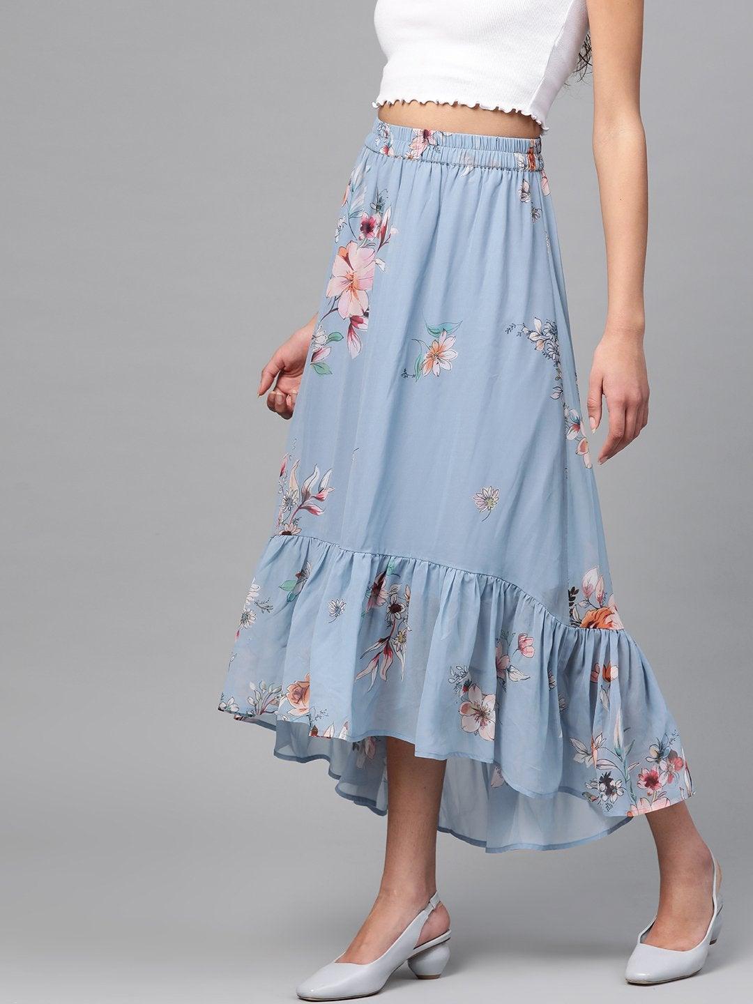 Women's Pale Blue Floral Tiered High Low Skirt - SASSAFRAS - Indiakreations