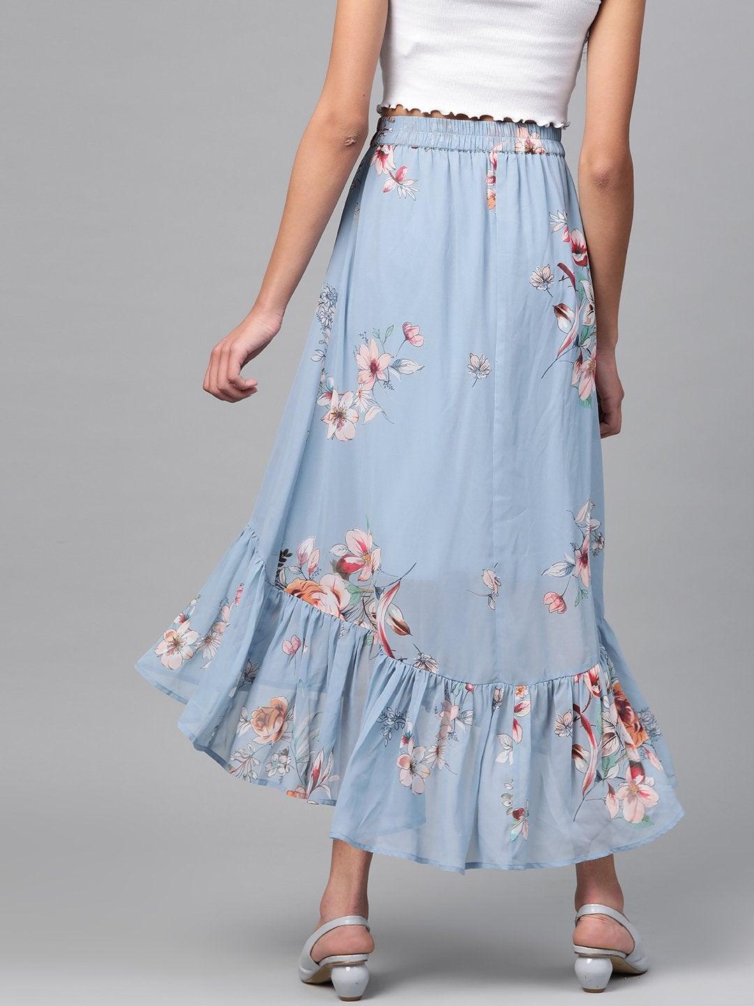 Women's Pale Blue Floral Tiered High Low Skirt - SASSAFRAS - Indiakreations