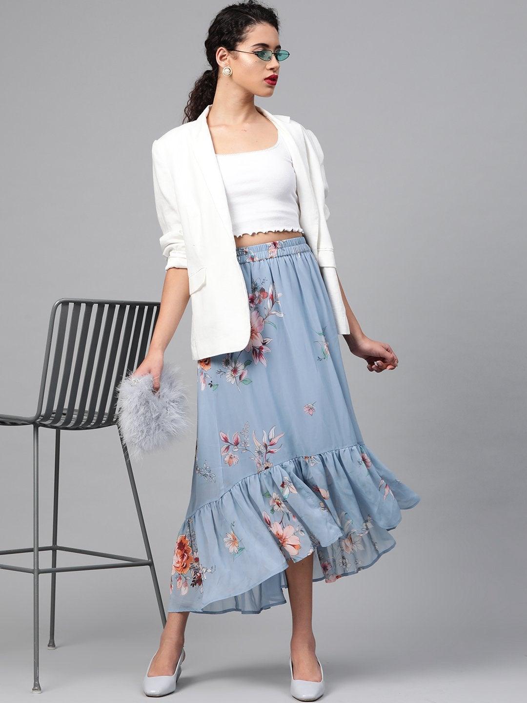 Women's Pale Blue Floral Tiered High Low Skirt - SASSAFRAS - Indiakreations