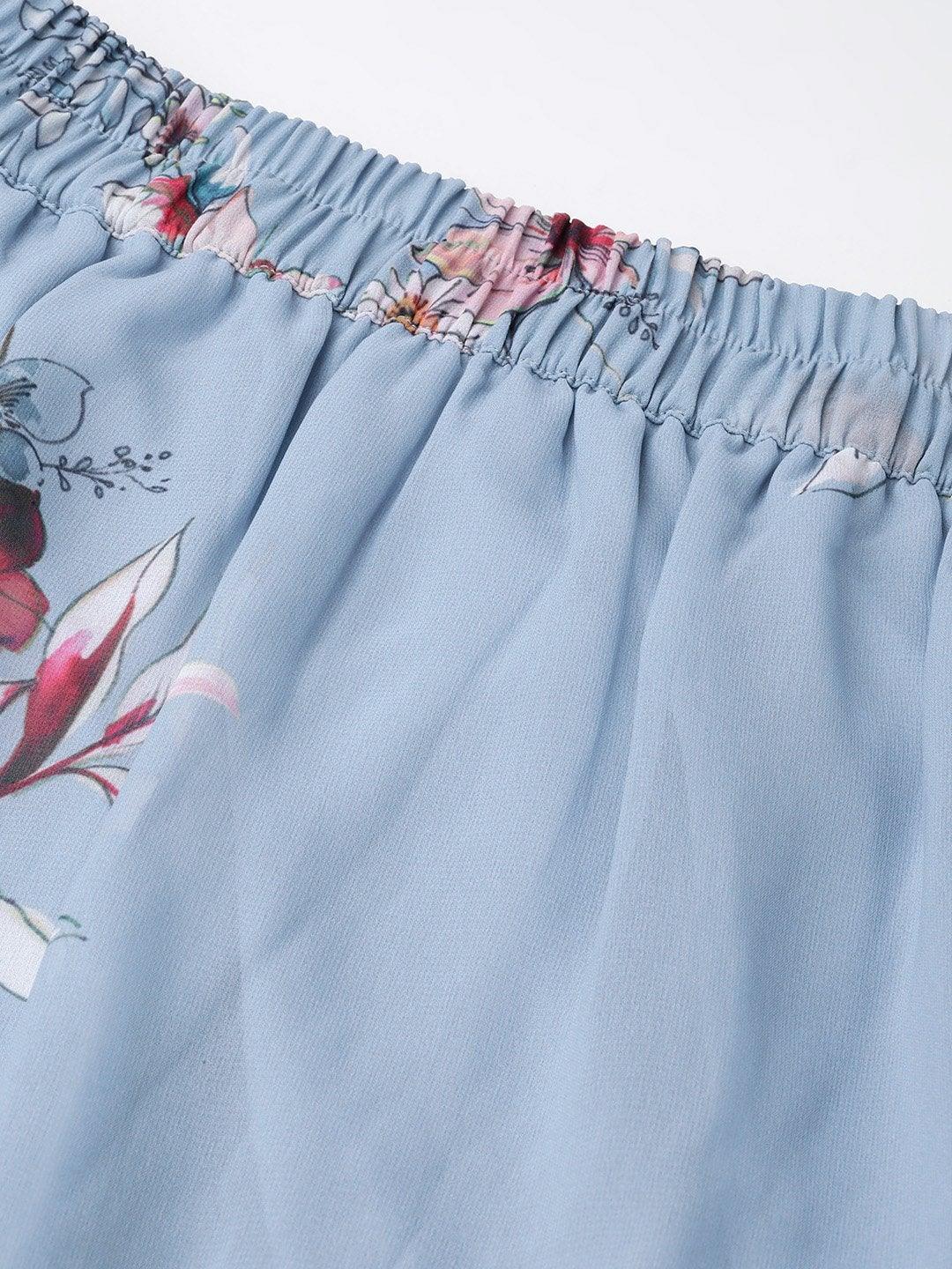 Women's Pale Blue Floral Tiered High Low Skirt - SASSAFRAS - Indiakreations